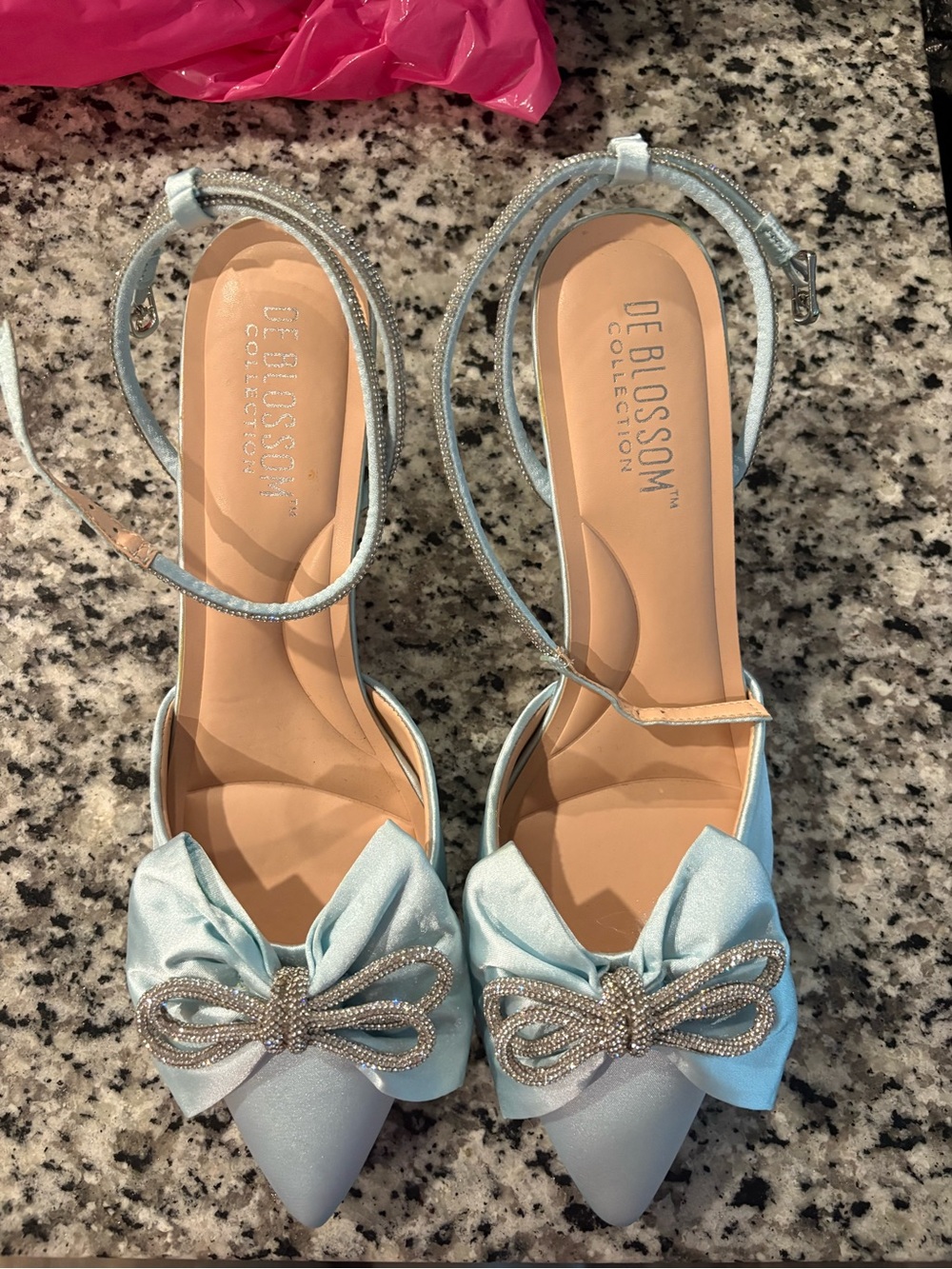 De Blossom Collection Light Blue Pointed Toe Bow Ankle Strap Flats